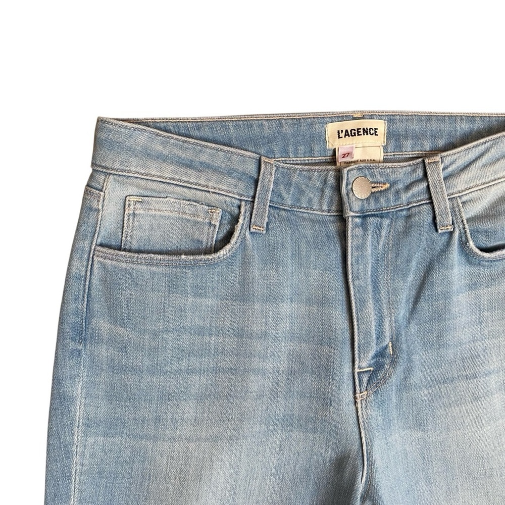 L’AGENCE Sera High Rise Flare Jeans 27 Blue Cloud Light Wash Raw Hem - Picture 5 of 15